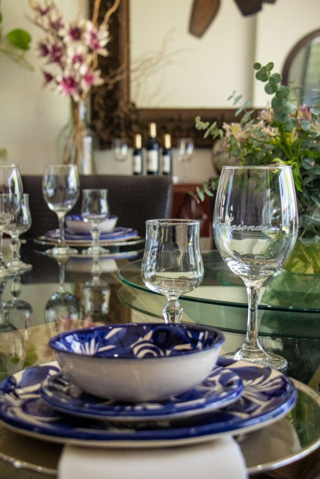 Table set with Talavera dishware and engraved La Casona glasses