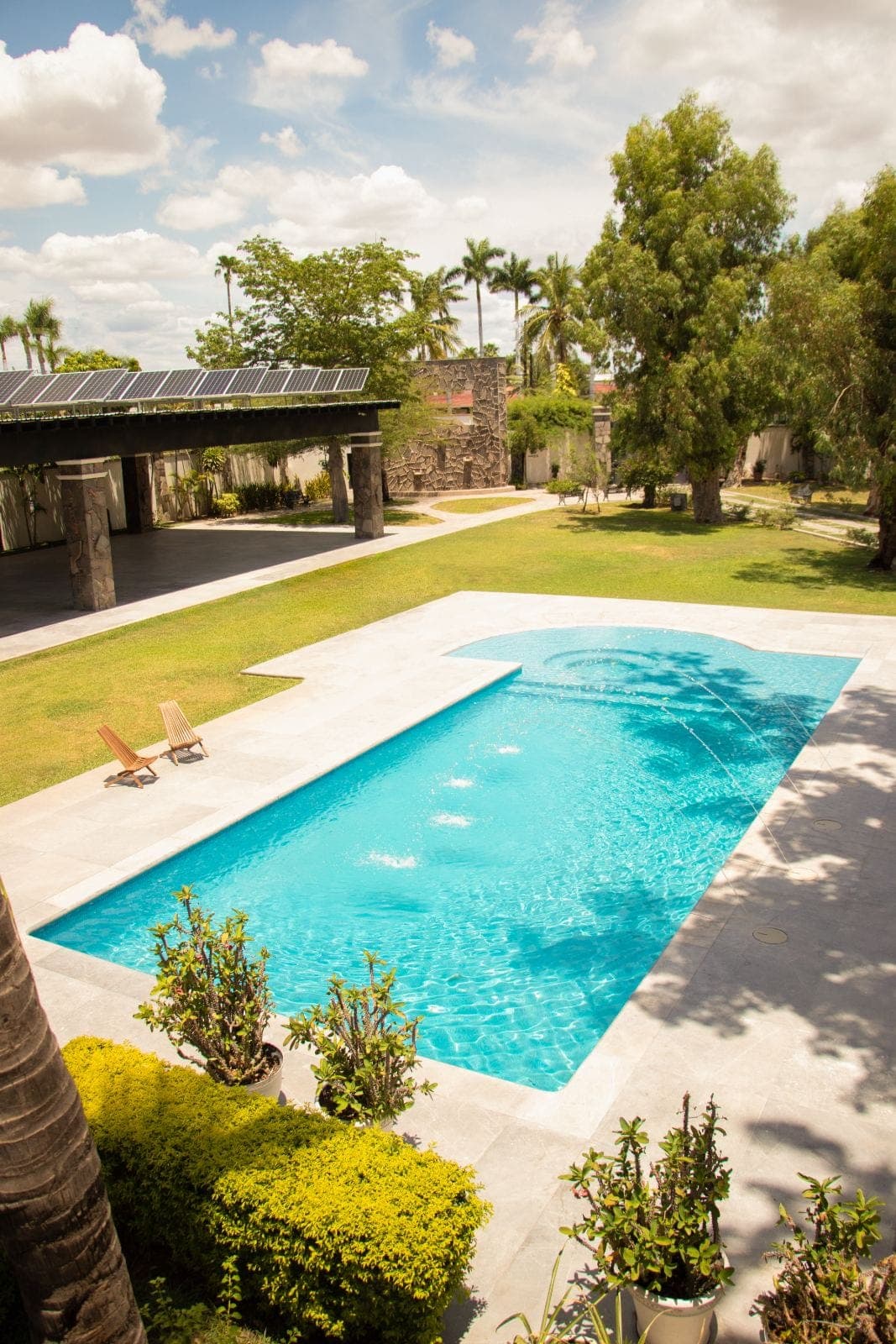 Aerial view of La Casona’s pool and gardens